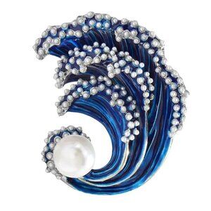 Nautical Themed Faux Pearls Sea Wave Elegant Brooch (Blue)